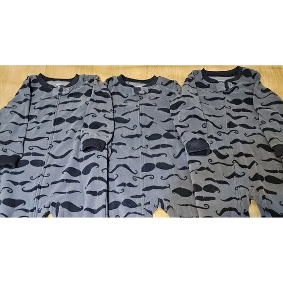 Carter's Boy's Fleece Footed Pajamas Pjs Size 4T Lot Of 3 Blue Mustaches - Picture 1 of 4